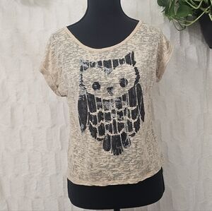 Owl Print Beige Kids Short Sleeve Tee